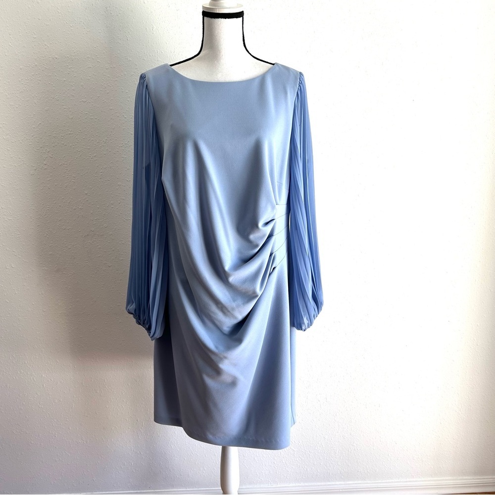 Jessica Howard Ruched Dress Women's Plus Size 14W Blue Wedding Guest Long Sleeve